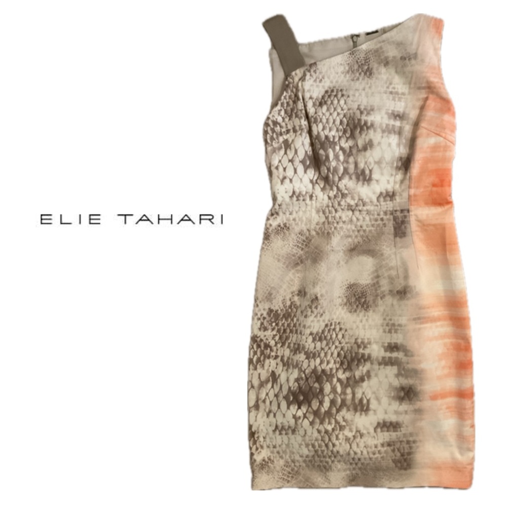 🧡 Elie Tahari Taupe/Peach Sleeveless Snake Print Midi Dress 6 EUC Quiet Luxury